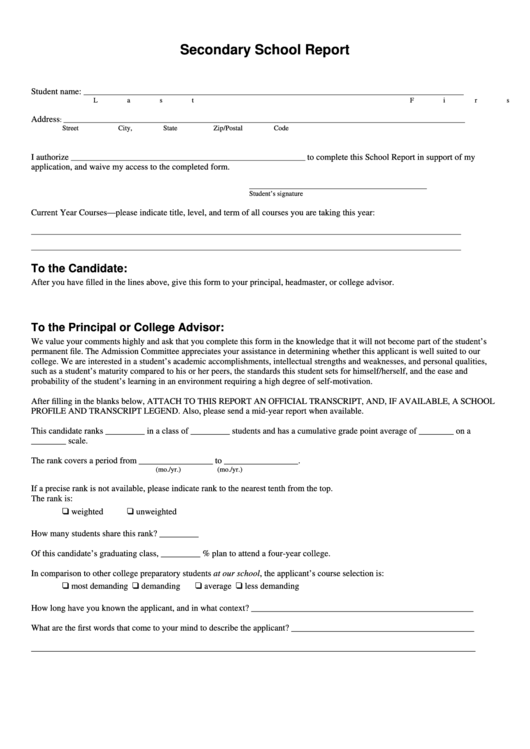 Secondary School Report Form Printable pdf
