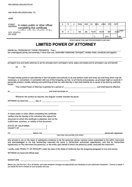 Fillable Limited Power Of Attorney Form - State Of California Printable pdf