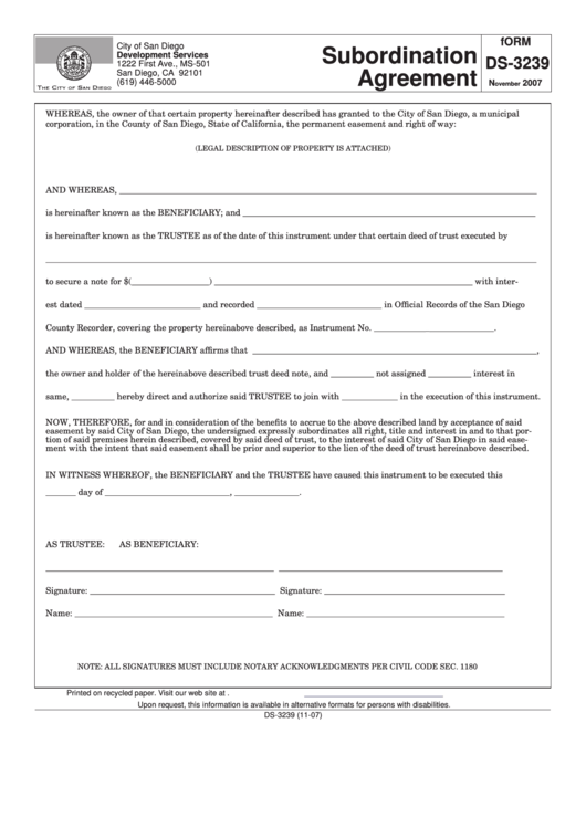 Fillable Ds-3239 Subordination Agreement Form Printable pdf