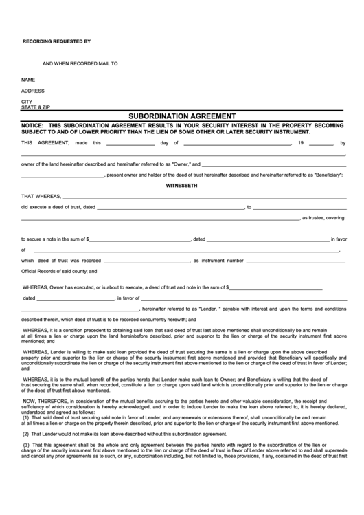 Subordination Agreement Form Printable pdf