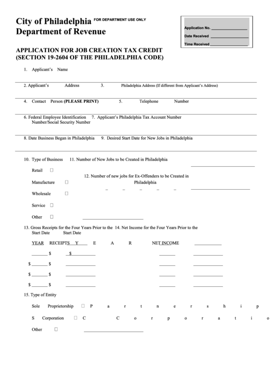 Application For Job Creation Tax Credit - Pennsylvania Department Of Revenue Printable pdf