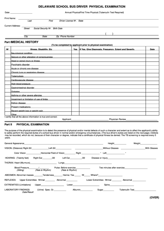 Delaware School Bus Driver Physical Examination Template Printable pdf