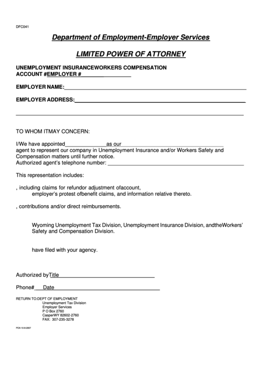 Form Dfc041 - Limited Power Of Attorney Form - Department Of Employment-employer Services