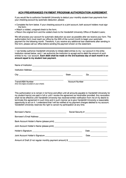 Prearranged Payment Program Authorization Agreement Template Printable pdf