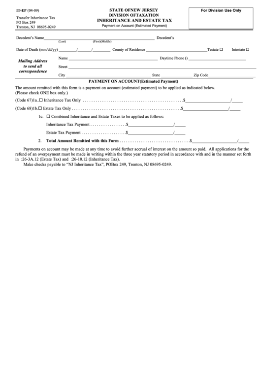 Fillable Form It-Ep - Inheritance And Estate Tax (04-09) Printable pdf
