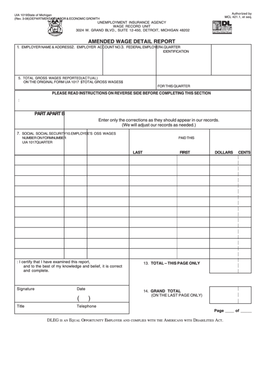 Fillable Form Ua 1019 - Amended Wage Detail Report - 1998 Printable pdf