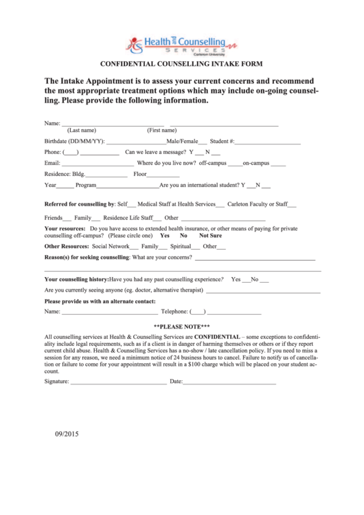 Confidential Counselling Intake Form