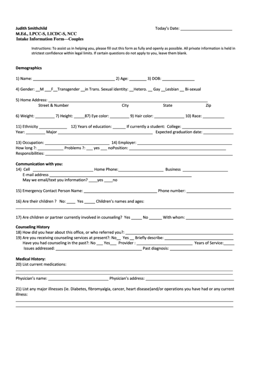 Intake Information Form - Couples Printable pdf