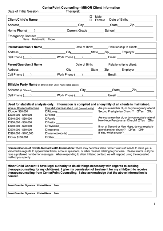 Minor Client Information Form - Centerpoint Counseling Printable pdf