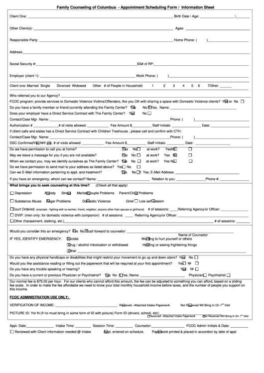 Family Counseling Of Columbus - Appointment Scheduling Form / Information Sheet Printable pdf