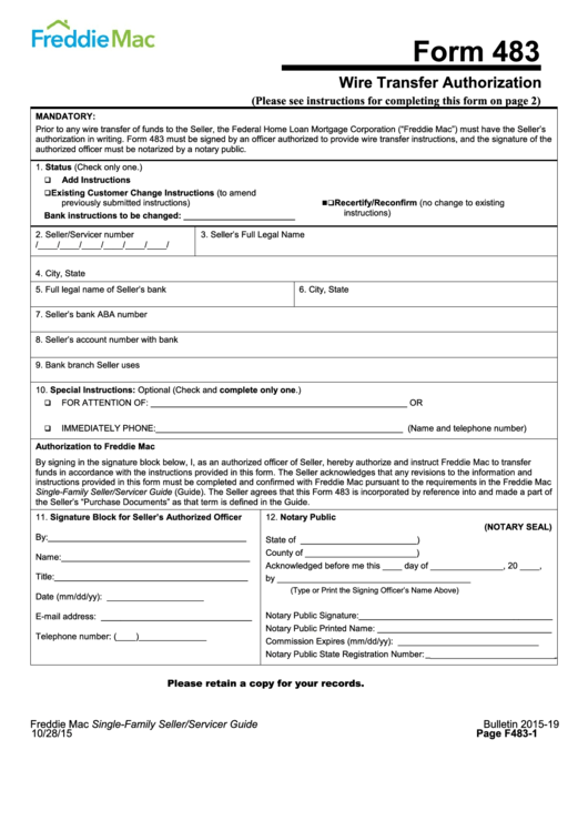 Fillable Form 483 - Wire Transfer Authorization Printable pdf