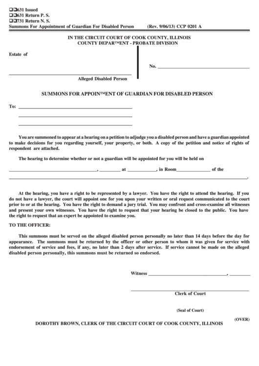 Summons For Appointment Of Guardian For Disabled Person Form - Court Of Cook County, Illinois Printable pdf