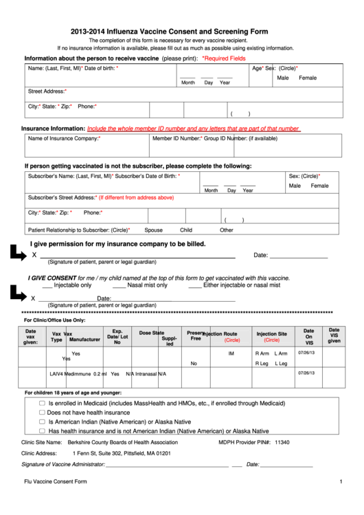 Influenza Vaccine Consent And Screening Form 2013-2014 Printable pdf