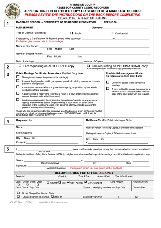 Fillable Form Acr 485 - Application For Certified Copy Or Search Of A Marriage Record - 2014 Printable pdf