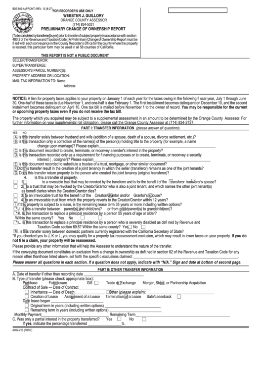 Form B0e-502-A - Preliminary Change Of Ownership - 2007 Printable pdf