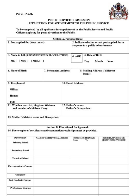 Form P.s C. - No.31. - Public Service Commission Application For Appointment To The Public Service Printable pdf