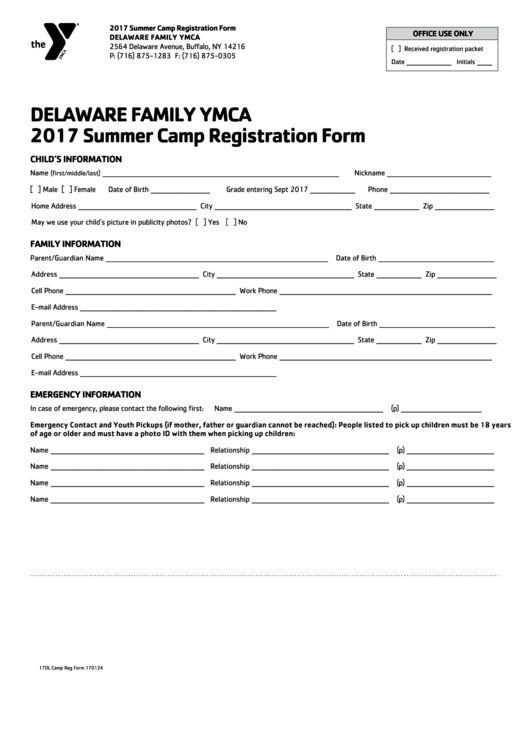 Delaware Family Ymca 2017 Summer Camp Registration Form Printable pdf