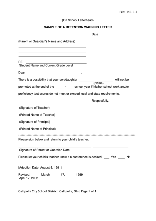 Sample Of A Retention Warning Letter Template Printable pdf