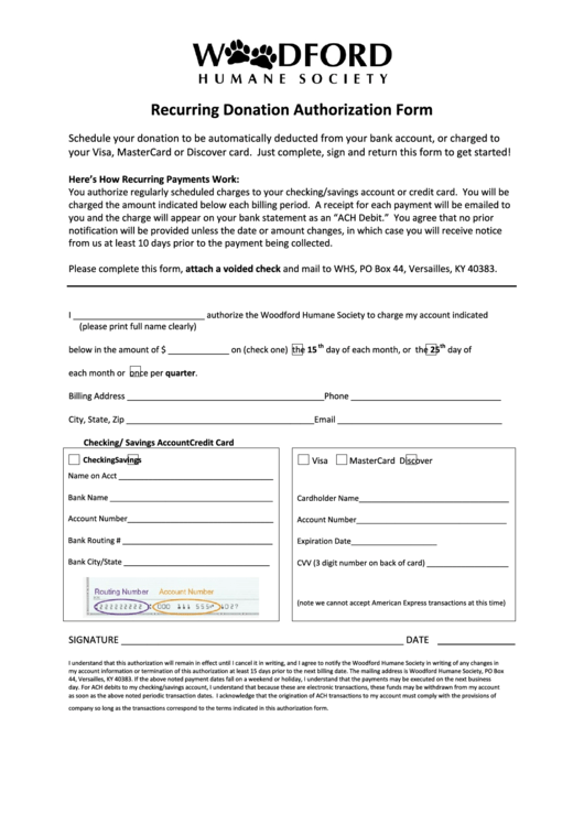Recurring Donation Authorization Form Printable pdf