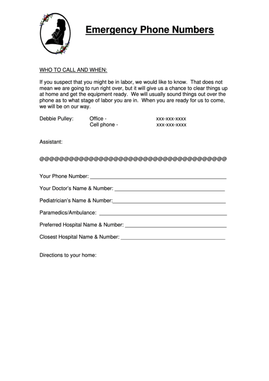Emergency Phone Numbers List Form Printable pdf