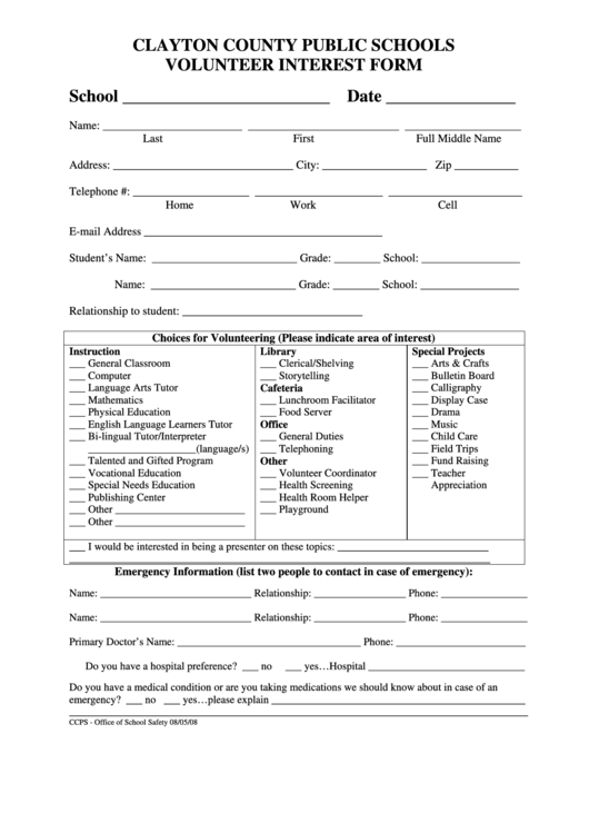 Ccps Volunteer Interest Form Printable pdf