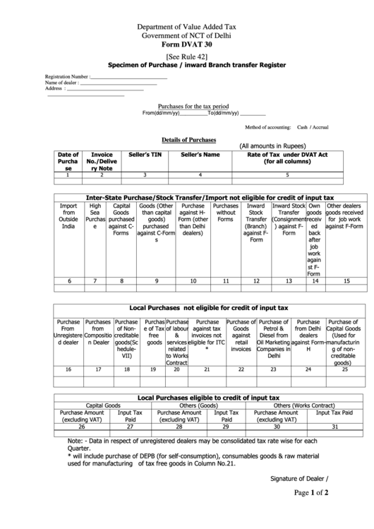 Form Dvat 30 - Specimen Of Purchase / Inward Branch Transfer Register Printable pdf