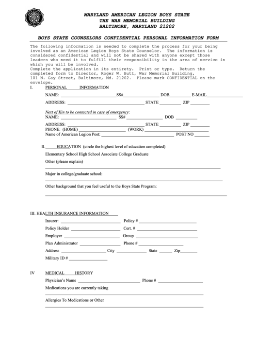 Fillable Boys State Counselors Confidential Personal Information Form Maryland Printable pdf