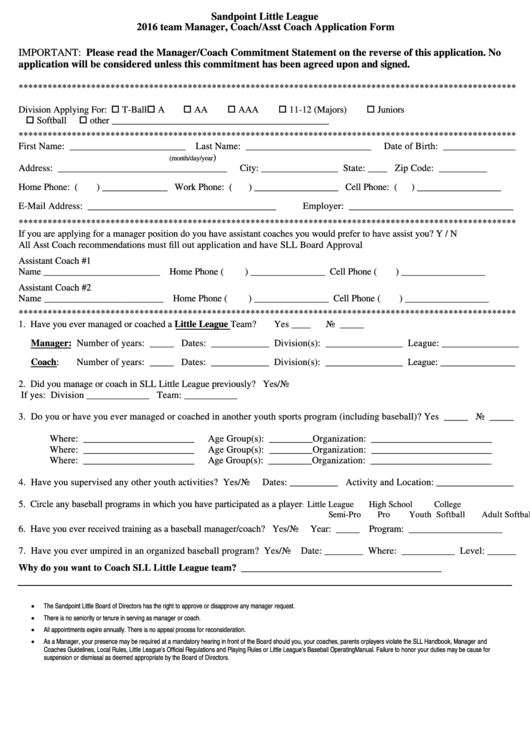 Team Manager, Coach/asst Coach Application Form Printable pdf