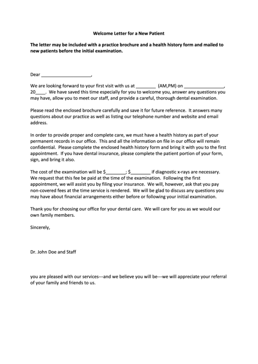 Welcome Letter For A New Patient Form. Printable pdf