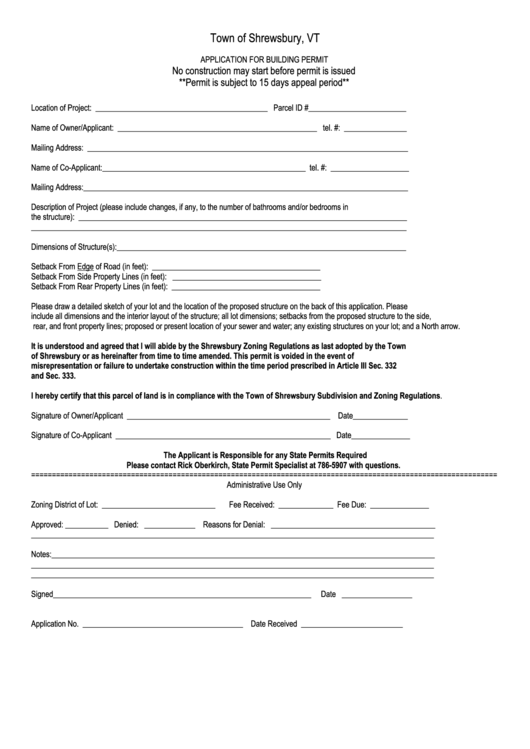 Application Form For Building Permit Vt Printable pdf