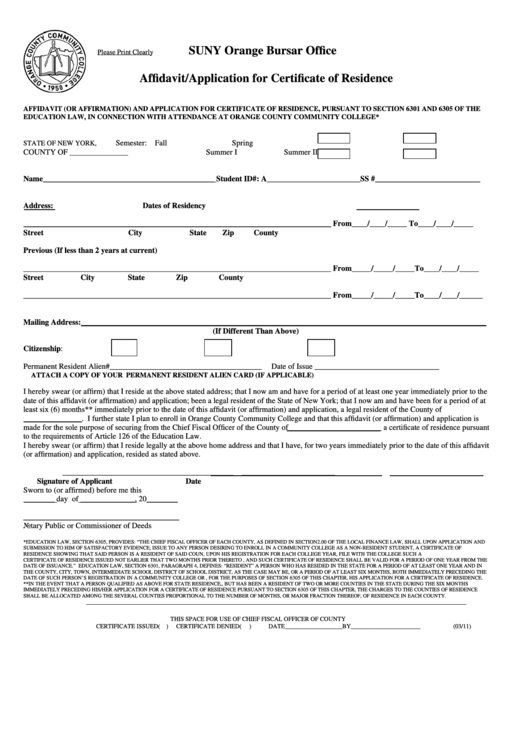 Affidavit/application For Certificate Of Residence Form Printable pdf