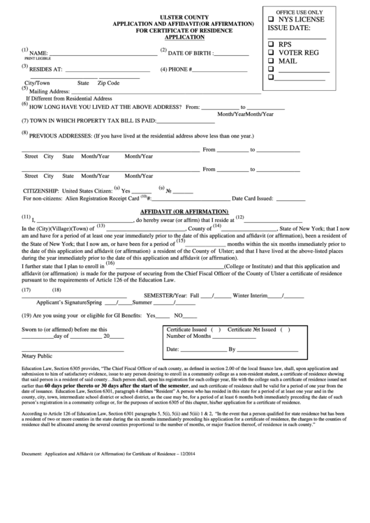 Application And Affidavit (Or Affirmation) For Certificate Of Residence - Ulster County Printable pdf