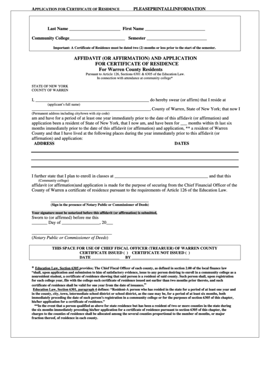 Affidavit (Or Affirmation) And Application For Certificate Of Residence For Warren County Residents Printable pdf