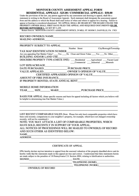 Montour County Assessment Appeal Form Printable pdf