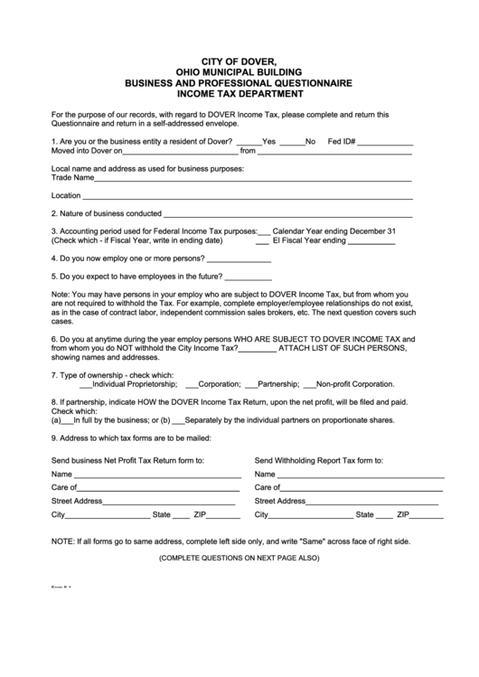 Form S-1 - Business And Professional Questionnaire Printable pdf