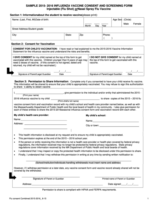 Sample 2015- 2016 Influenza Vaccine Consent And Screening Form Printable pdf