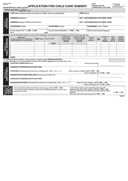 Fillable Cs-925 Form - Application For Child Care Subsidy Printable pdf