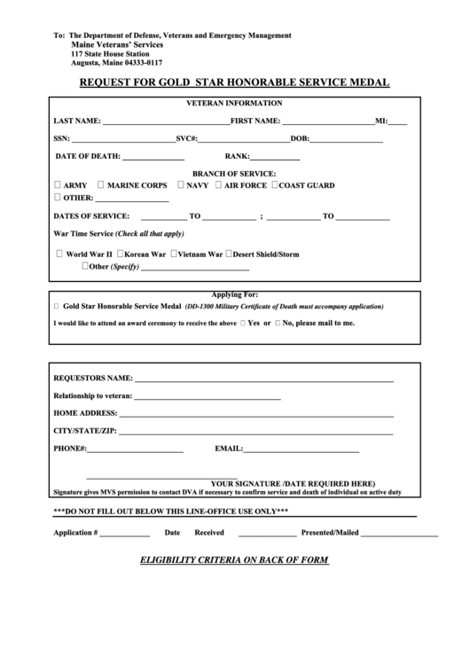 Request For Gold Star Honorable Service Medal Form Printable pdf