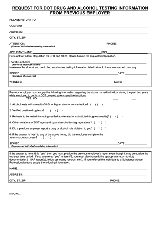 Request For Dot Drug And Alcohol Testing Information From Previous Employer Template Printable pdf