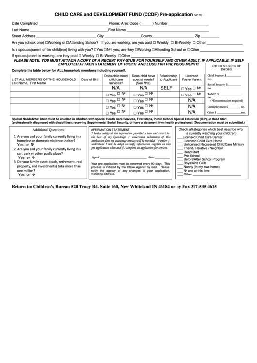 Child Care And Development Fund Pre-Application Template Printable pdf