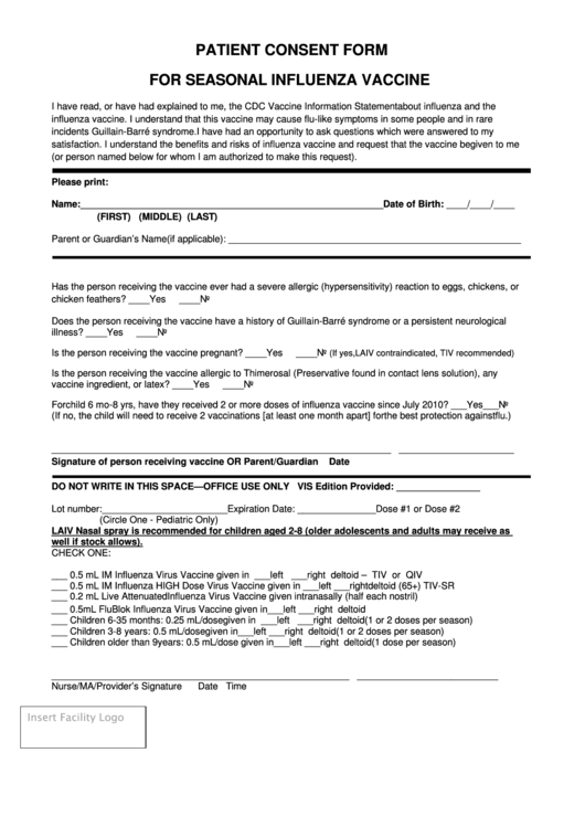 Patient Consent Form For Seasonal Influenza Vaccine Printable pdf