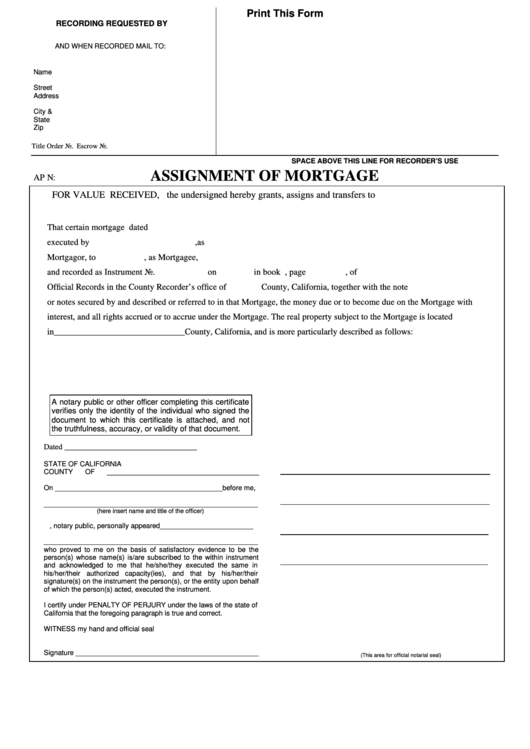 Fillable Assignment Of Mortgage - State Of California Printable pdf
