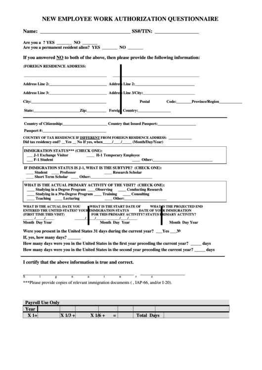 New Employee Work Authorization Questionnaire Form Printable pdf