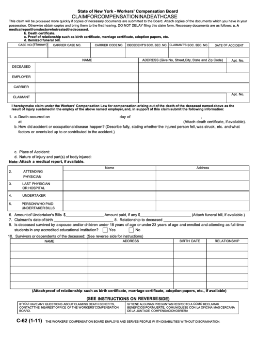 Fillable Form C-62 - Claim For Compensation In A Death Case Printable pdf