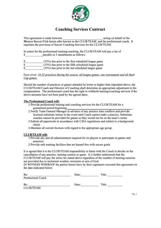 Sample Coaching Services Contract Form - Monroe Soccer Club Printable pdf