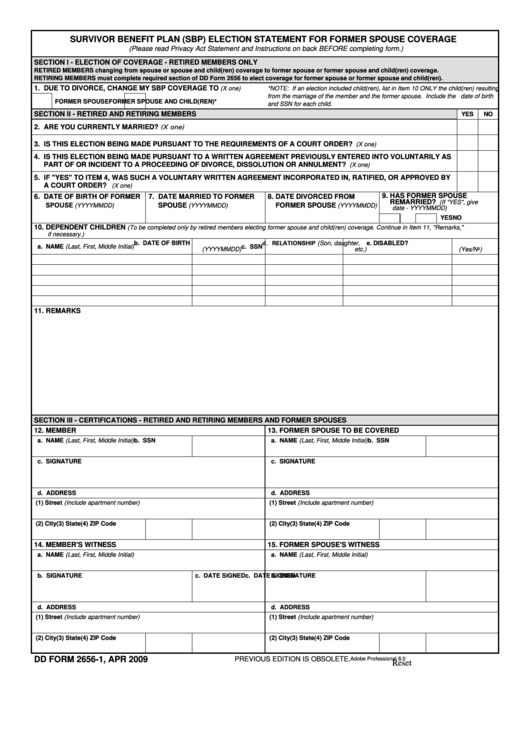 Fillable Dd Form 2656-1 - Sbp Election Statement For Former Spouse Coverage - April 2009 Printable pdf