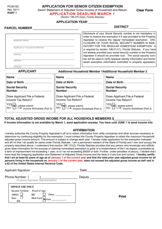 Fillable Form Pc501sc Application For Senior Citizen Exemption Printable pdf