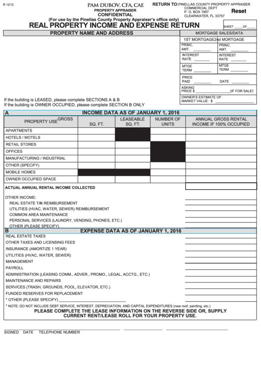 Fillable Real Property Income And Expense Return Form - Pinellas County Property Appraiser Printable pdf