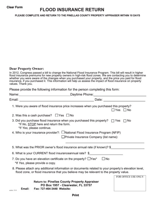Fillable Flood Insurance Return Form - Pinellas County Property Appraiser Printable pdf