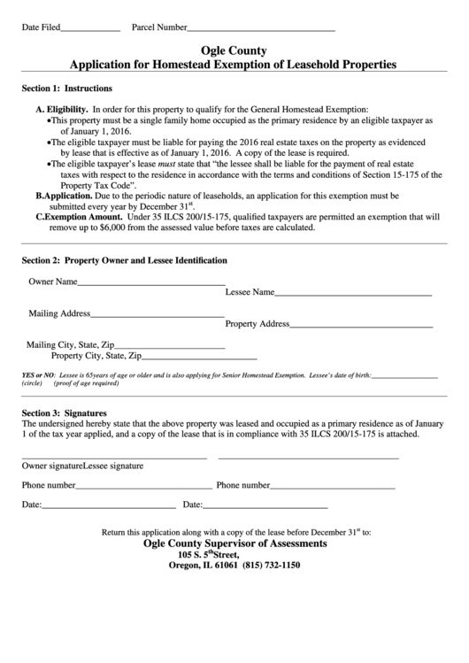 Fillable Application For Homestead Exemption Of Leasehold Properties Form - Ogle County Printable pdf